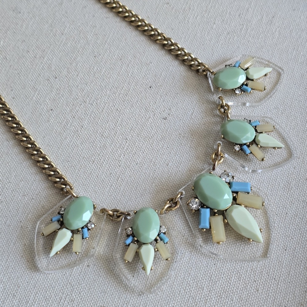 J.Crew Statement Necklace Mint Green‎ Blue Beige Crystal Faceted Resin Gold Tone - Picture 6 of 11
